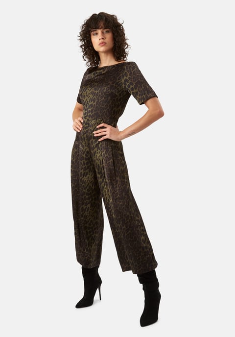 Leopard Print Satin Bianca Jumpsuit in Green