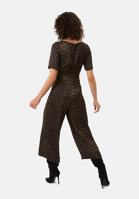 Leopard Print Satin Bianca Jumpsuit in Green