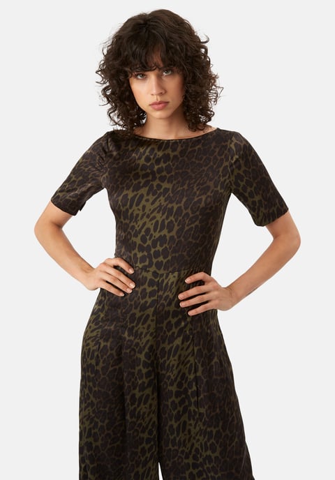 Leopard Print Satin Bianca Jumpsuit in Green