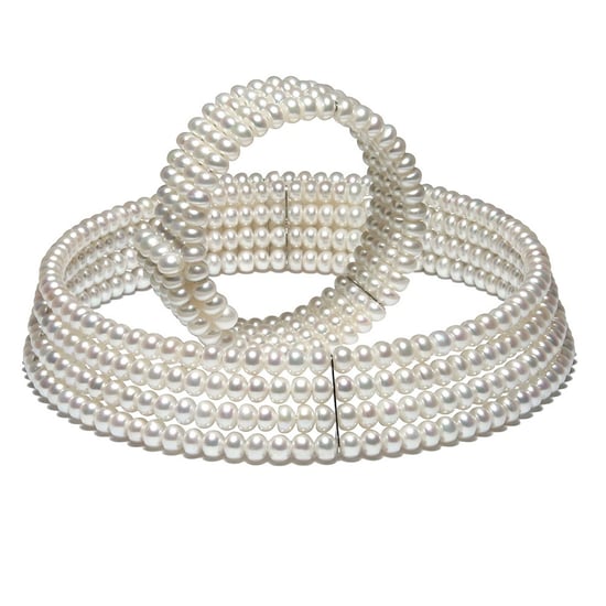 White Freshwater Pearls 4 rows Necklace and Bracelet Set