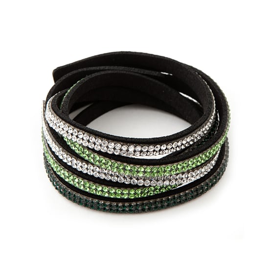 Swarovski - White and Green Swarovski Crystal Elements and Black Leather 3 Rows Bracelet