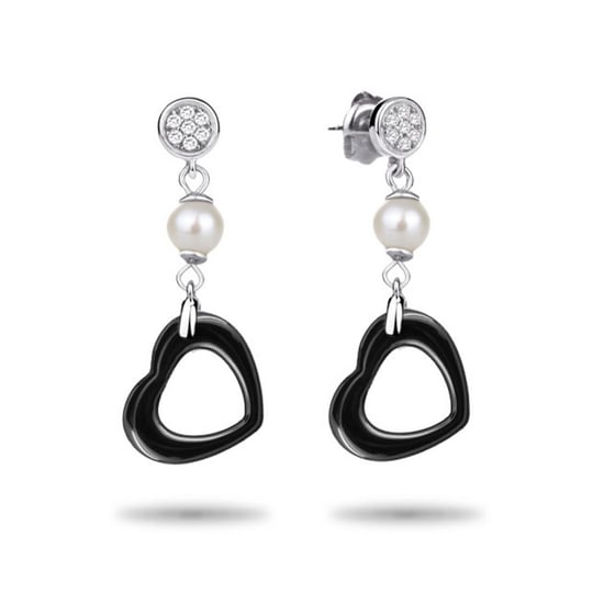 Cubic Zirconia Crystals Black Ceramic Heart Earrings and Silver Sterling Mounting
