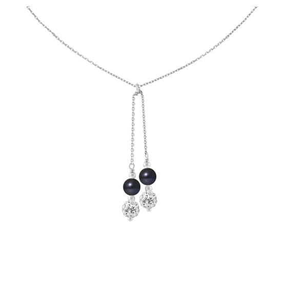 2 White Crystal and Black Freshwater Pearls, and 925/1000 Sterling Silver Women Necklace