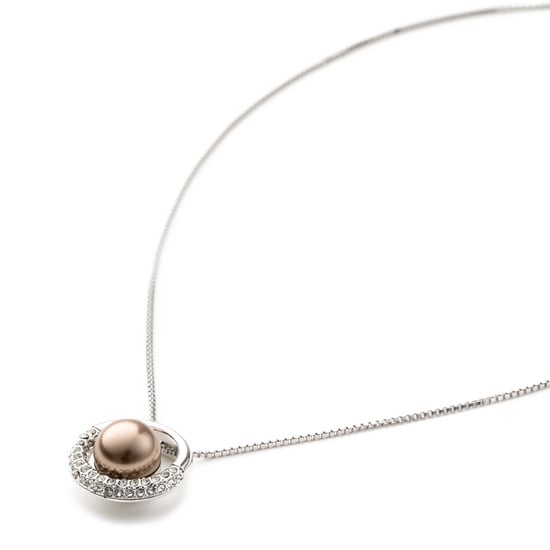 Ronde hanger met bruine parel en wit kristal. - Image 2