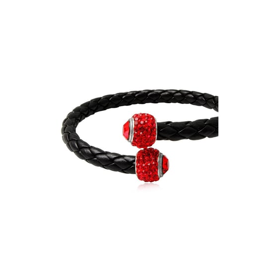 Black Leather Red Crystal and 925 Silver Bracelet