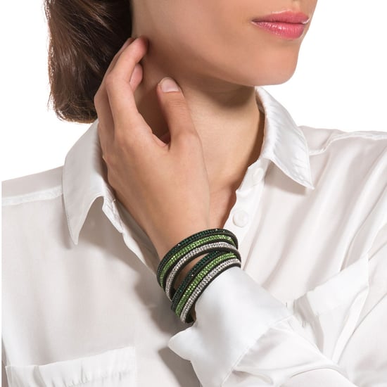 Swarovski - White and Green Swarovski Crystal Elements and Black Leather 3 Rows Bracelet