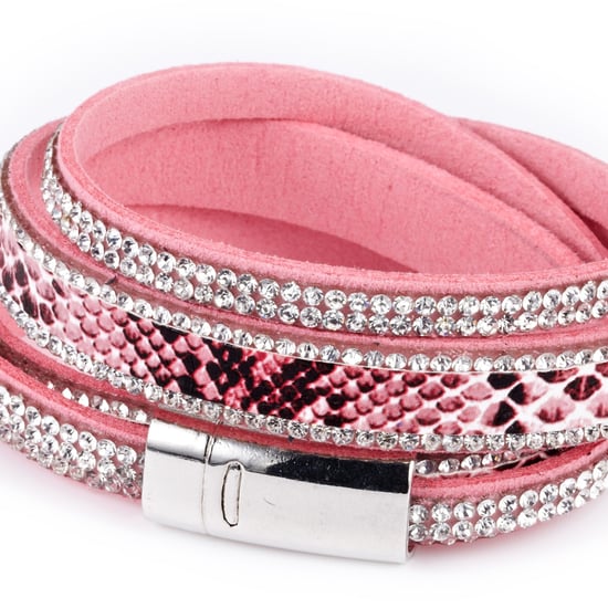 Swarovski - White Swarovski Crystal Elements 2 rows Bracelet and Pink leather
