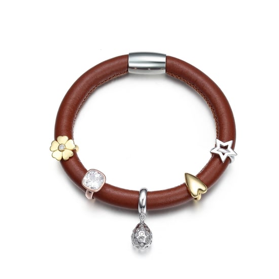 Light Brown Leather Charm's Bracelet and Stainless Steel