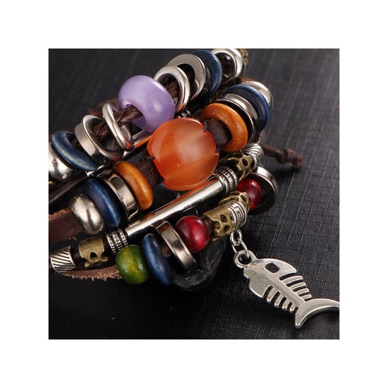 Brown Leather Multi Rows Beads, Fish and Stainless Steel Man Bracelet