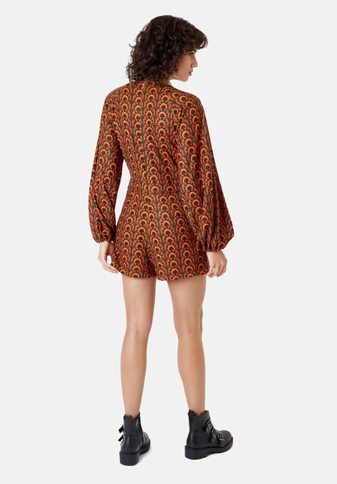 Bambi Tile Print Jersey Playsuit in Orange and Green