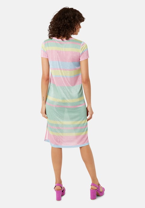 T-shirt Short Sleeved Stripe Midi Dress in Multicoloured