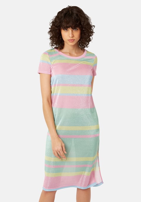 T-shirt Short Sleeved Stripe Midi Dress in Multicoloured