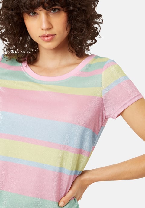 T-shirt Short Sleeved Stripe Midi Dress in Multicoloured