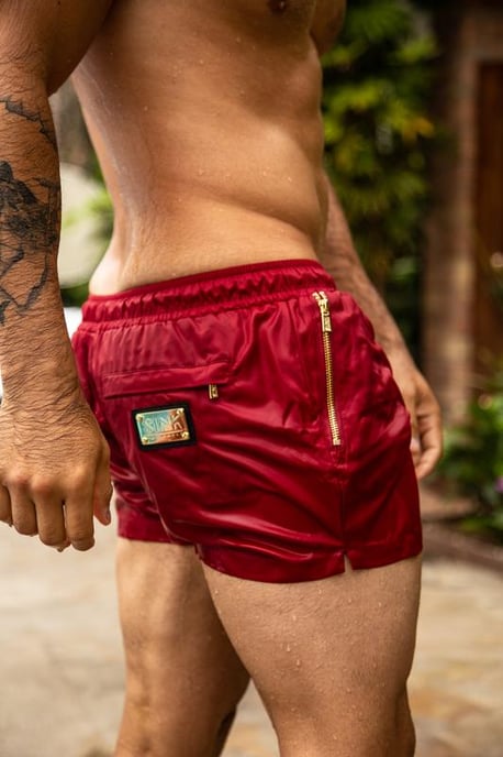 Signature Bermuda Red Swim Shorts with Gold Detailing