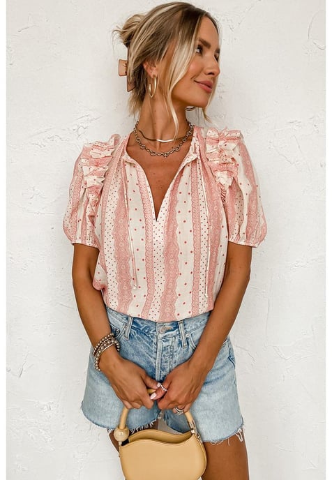 Rode Gerimpelde Korte Puff Mouwen Gemengde Print Blouse - Image 1