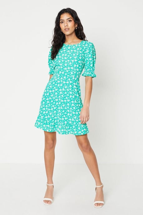 Petite Green Floral Frill Hem Mini Dress - Image 2