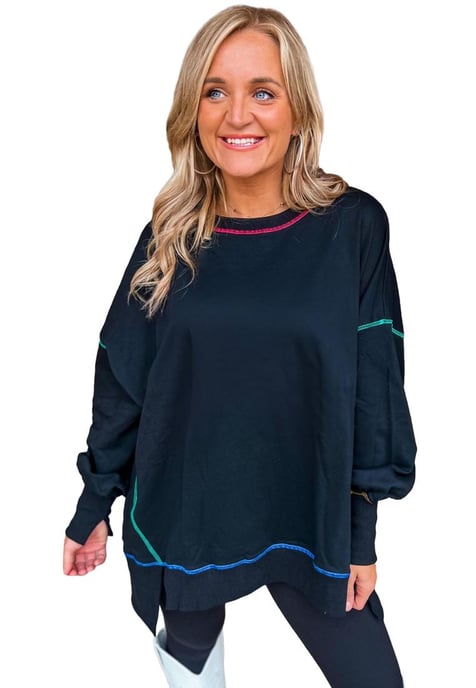 Azura Exchange Zwarte Contrast Stiksels Split Baggy Hoodie - Image 2