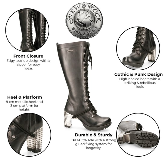 New Rock M-TR005-S1 Dames Kniehoge Zwarte Gothic Hoge Hakken Laarzen - Image 2