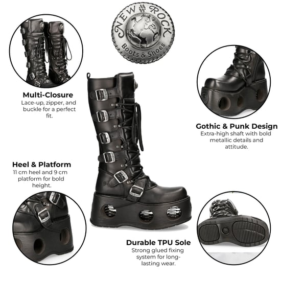 New Rock M-272-S2 Neptuno Metallic Kniehoge Zwarte Leren Gothic Laarzen - Image 2