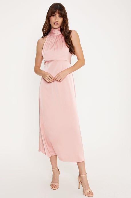Satin Halter Neck Midi Bridesmaids Dress - Image 1