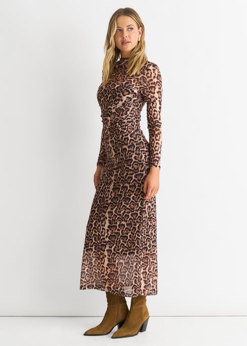 Bruine mesh jersey maxi jurk met dierenprint - Image 4