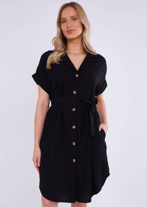 Zwarte oversized viscose overhemdjurk met bindceintuur - Image 3
