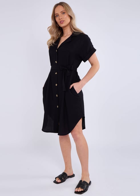 Zwarte oversized viscose overhemdjurk met bindceintuur - Image 4