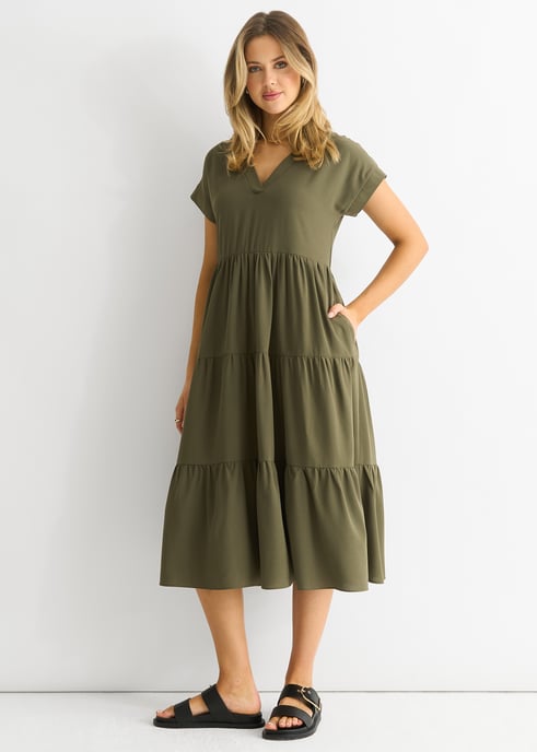 Khaki V-hals zakjurk Midi Dress - Image 1