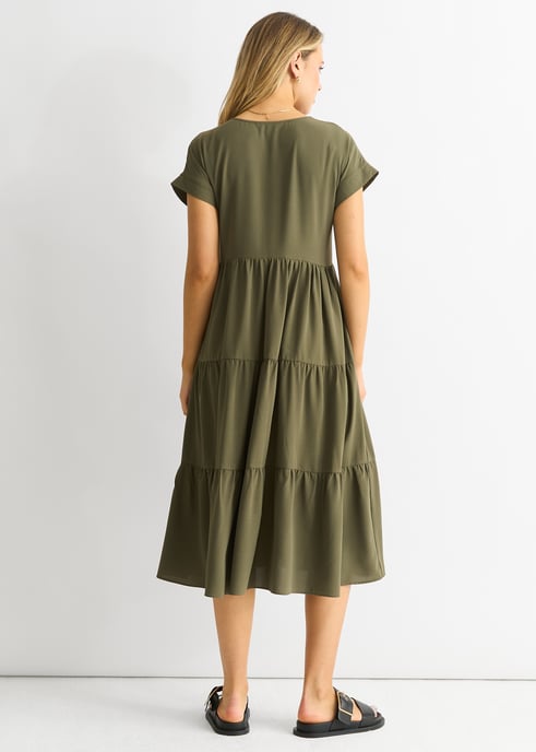 Khaki V-hals zakjurk Midi Dress - Image 2