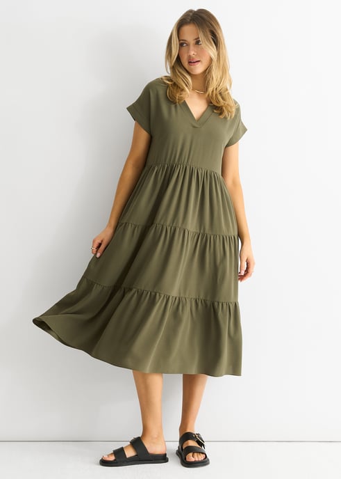 Khaki V-hals zakjurk Midi Dress - Image 4