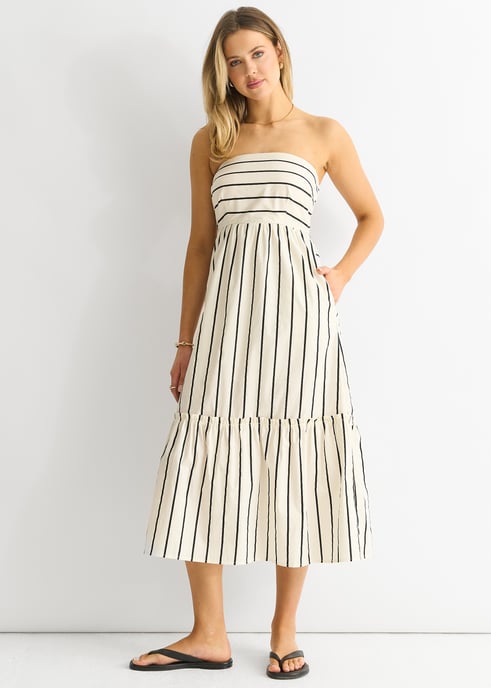 Streep Katoenen Bardot Smock Midi Jurk - Image 1