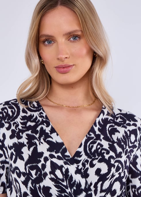 Navy korte mouwen viscose wikkel midi jurk - Image 3