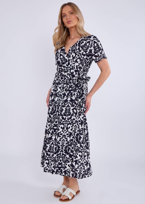 Navy korte mouwen viscose wikkel midi jurk - Image 4