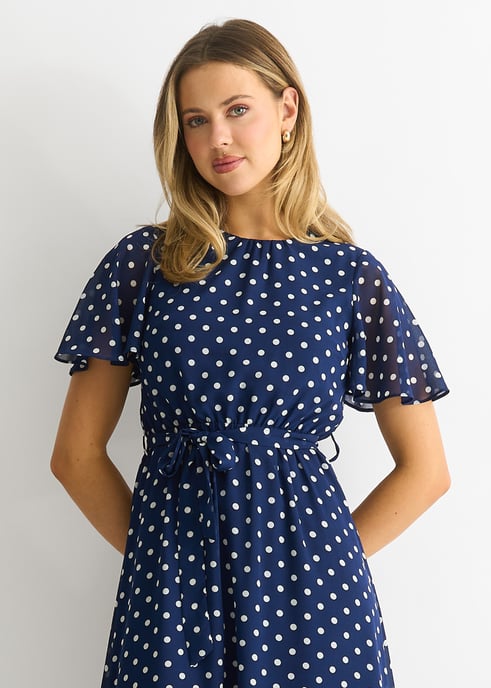 Navy vlek chiffon engel mouwen midi jurk - Image 3