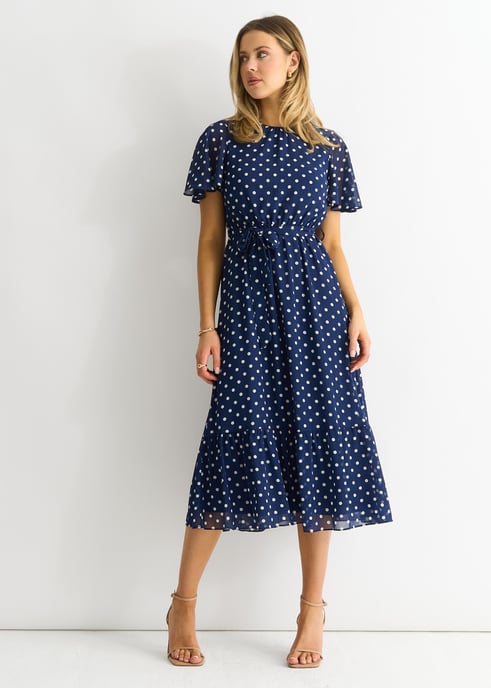 Navy vlek chiffon engel mouwen midi jurk - Image 4