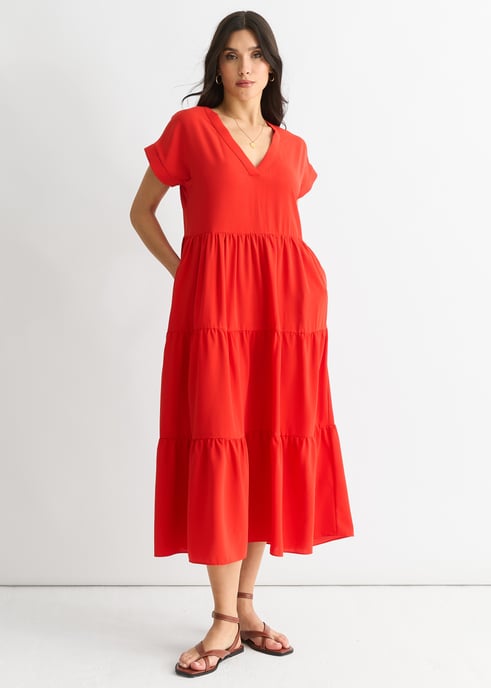 Rode V-hals smock midi-jurk - Image 1