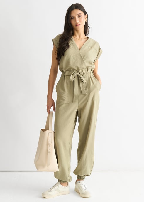 Sage Green Wrap Belted Utility Jumpsuit - Image 1