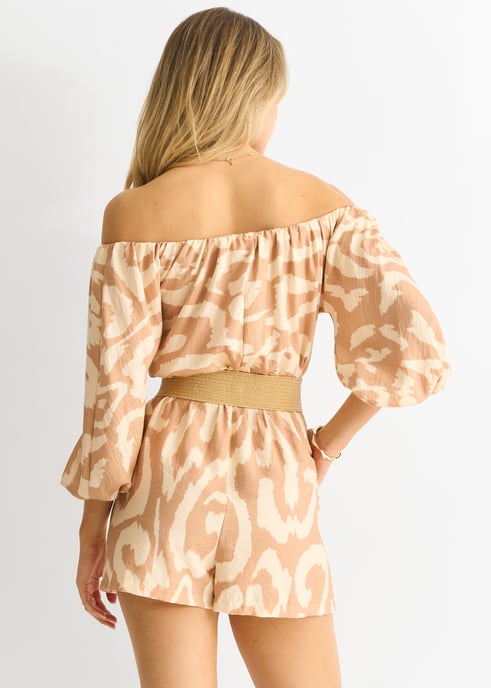 Beige Abstracte Bardot Viscose Playsuit met ceintuur - Image 2