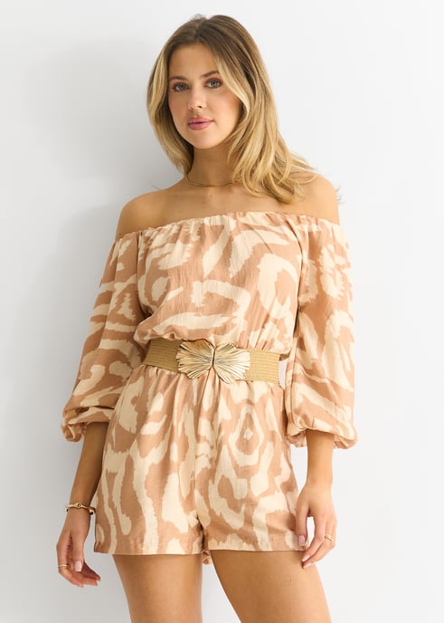 Beige Abstracte Bardot Viscose Playsuit met ceintuur - Image 4