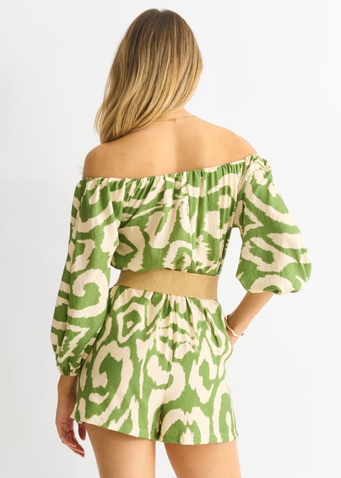 Groen Abstract Bardot Viscose Playsuit met ceintuur - Image 2