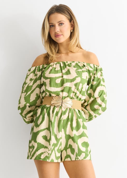 Groen Abstract Bardot Viscose Playsuit met ceintuur - Image 3