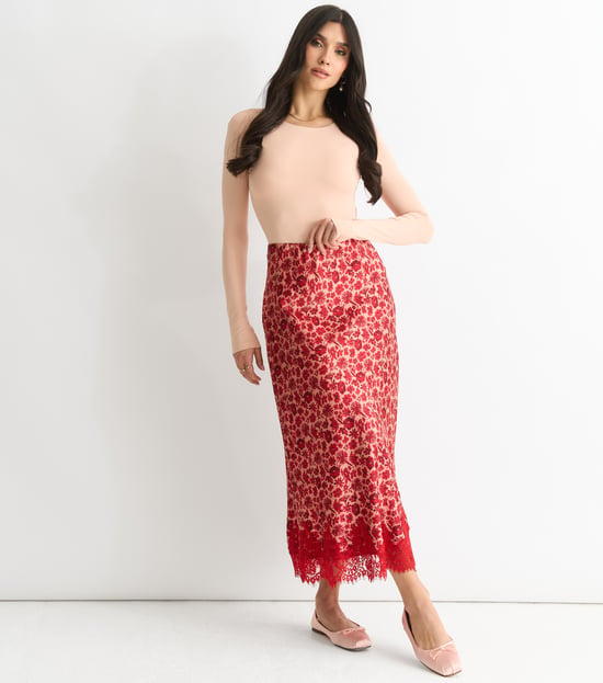 Rood Bloemige Kanten Rand Midi Rok - Image 2