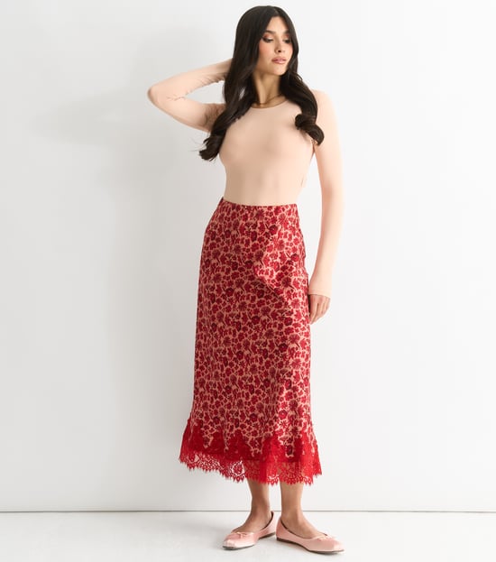 Rood Bloemige Kanten Rand Midi Rok - Image 4