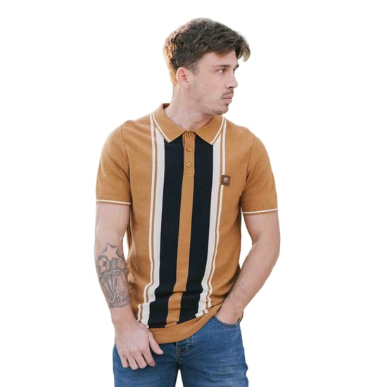 Lambretta Heren Greco Gestreept Gebreid Poloshirt met Korte Mouwen (Tabak) - Image 3