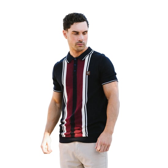 Lambretta Heren Greco Gestreept Gebreid Poloshirt met Korte Mouwen (Marine) - Image 3