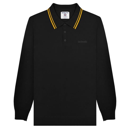 Lambretta Heren Gebreid poloshirt met lange mouwen (Zwart/Goud) - Image 1