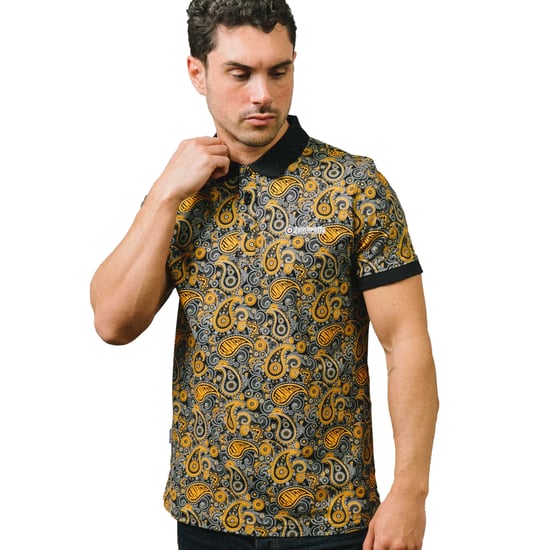 Lambretta Heren SS25 Paisley gemerkt poloshirt (Zwart/Goud) - Image 3
