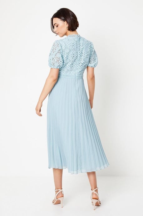 Lace Puff Sleeve Pleated Midi Dress - Image 3