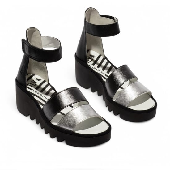 Fly London Dames BONO290FLY Zilver Zwart Idra Leren Sandalen Espadrille Wedges - Image 2