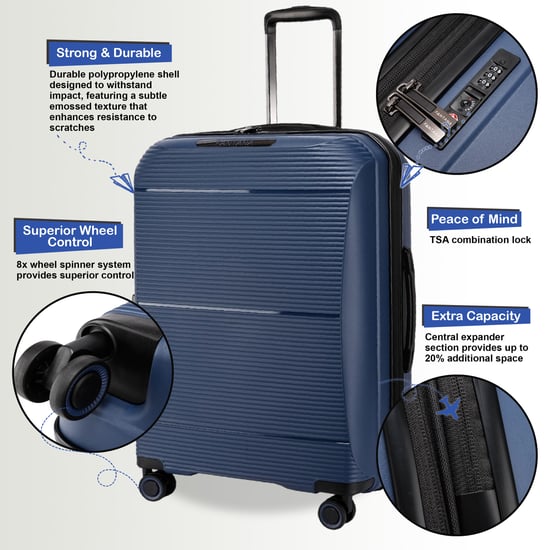Uitbreidbare marineblauwe harde PP 8-wiel bagage reiskofferset voor handbagage en vakantie - Image 3